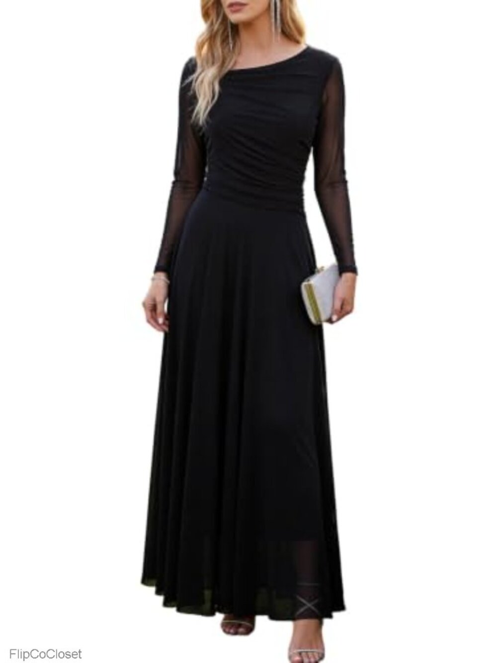 Long Sleeve Maxi Dress Formal Wedding Guest Mesh A-Line Ruched